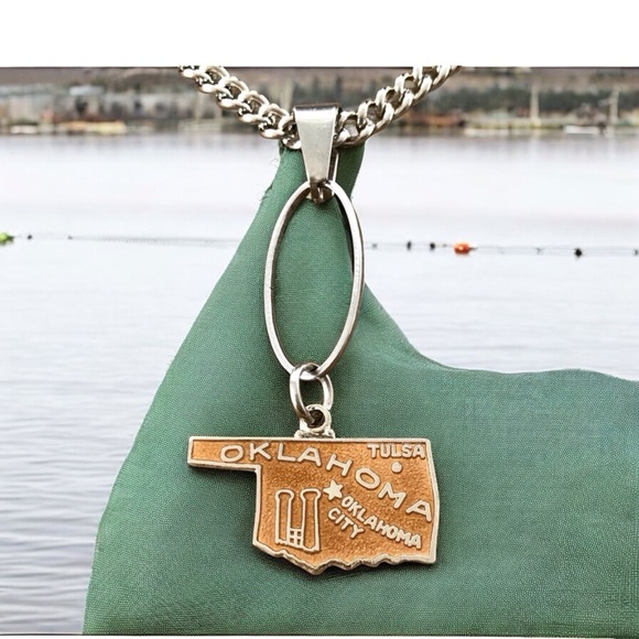 Hand Crafted Jewelry - 🆕 Oklahoma Oval Drop Pendant Necklace Vintage Enamel/Stainless Steel